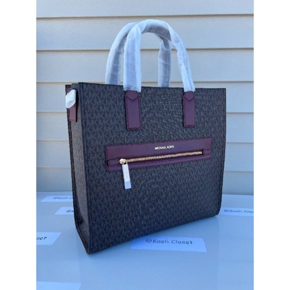Michael Kors Kenly Tote Large MK Signature Purse Bag Merlot Brown - Picture 1 of 12